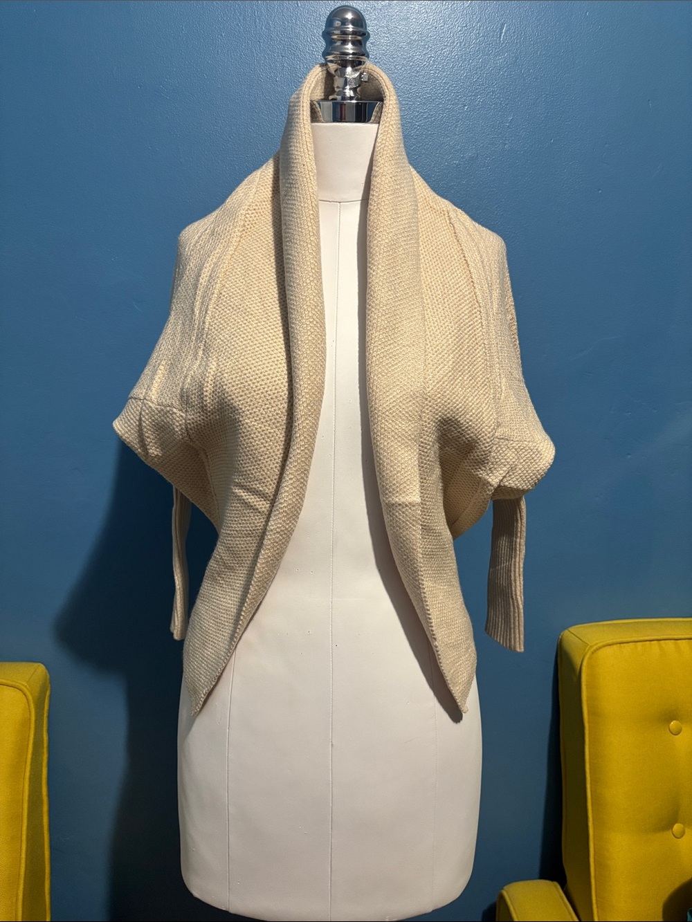 Open-Front Cream Knit Shrug with Shawl Collar